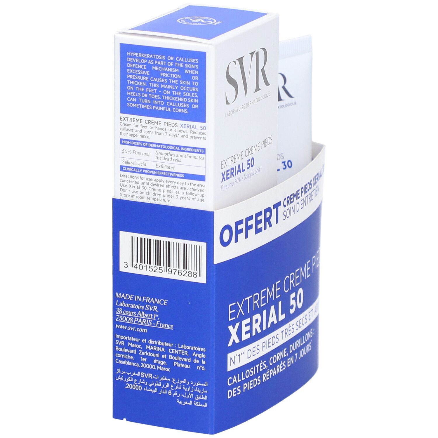 Coffret crème pieds. Boîte blanche et bleue. Inscription "OFFERT". Détail des informations produit.