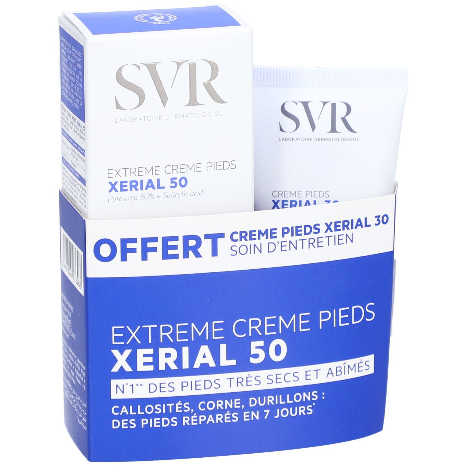 Coffret crème pieds. Boîte et tube blancs et bleus. Inscription "OFFERT". Texte sur les pieds secs et abîmés.