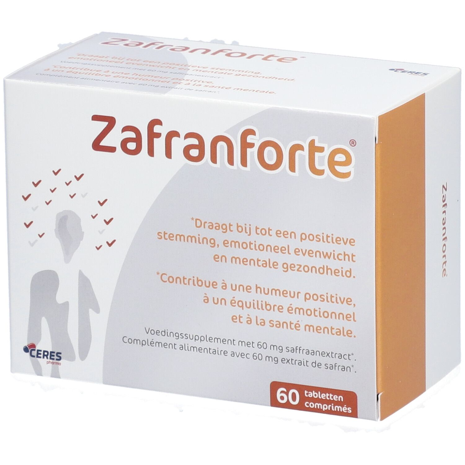 Zafranforte-Verpackung. Weißer Karton mit orangefarbenen Akzenten. Aufschrift: Zafranforte, 60 Tabletten. Text in Niederländisch und Französisch.