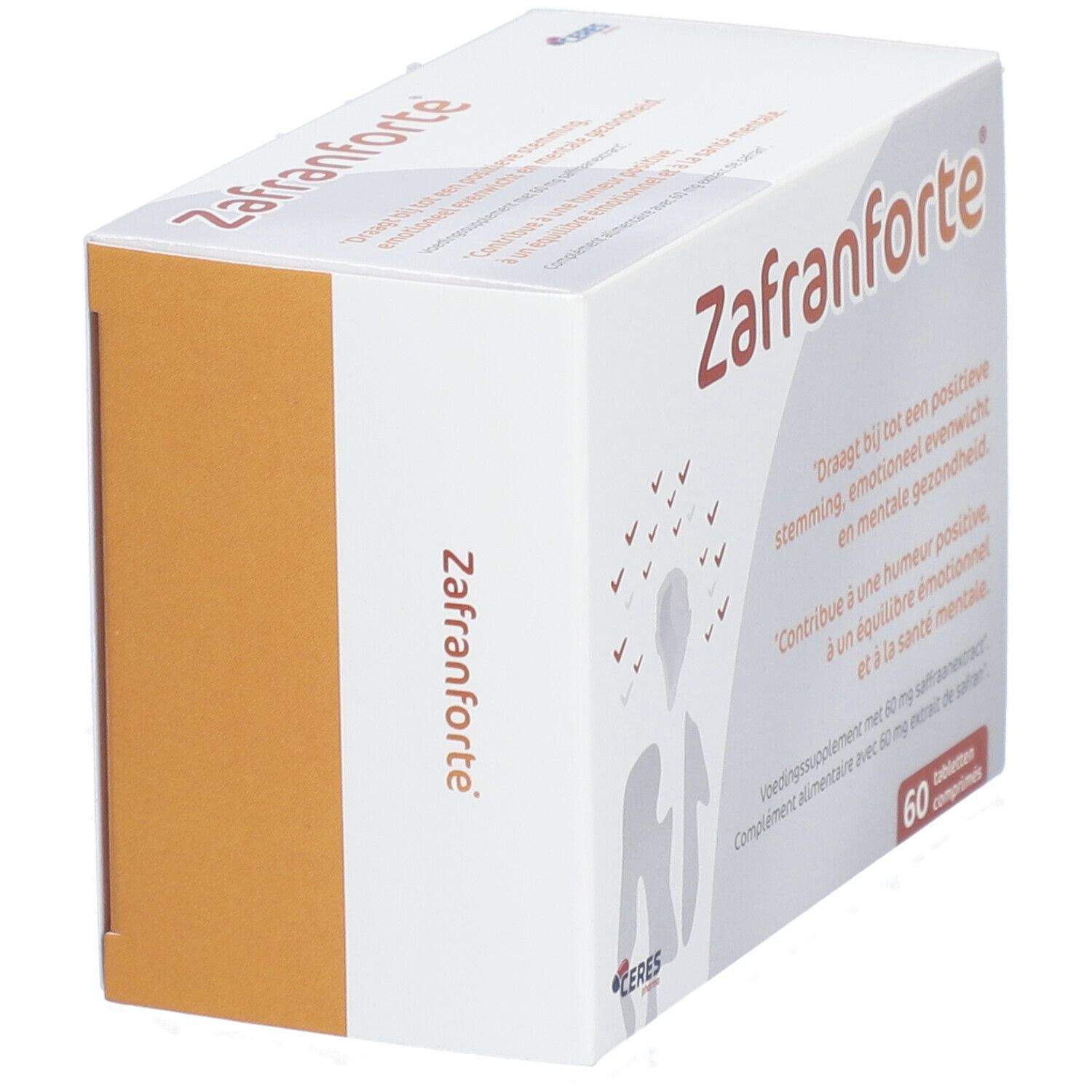 Zafranforte-Verpackung. Weißer Karton mit orangefarbener Seite. Aufschrift: Zafranforte. Text in Niederländisch und Französisch.