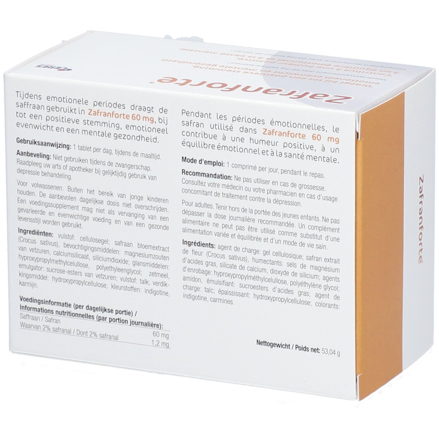 Rückseite der Zafranforte-Verpackung. Text in Niederländisch und Französisch. Zutatenliste und Dosierung.