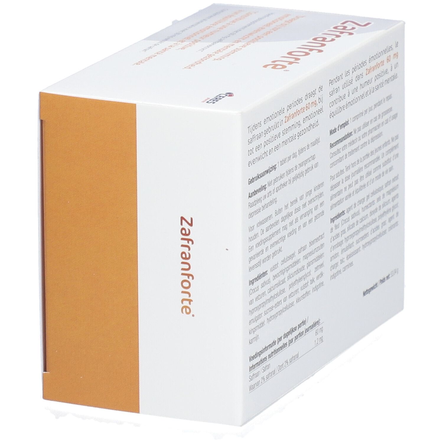 Zafranforte-Verpackung. Rückseite mit Text in Niederländisch und Französisch. Zutatenliste und Dosierung.