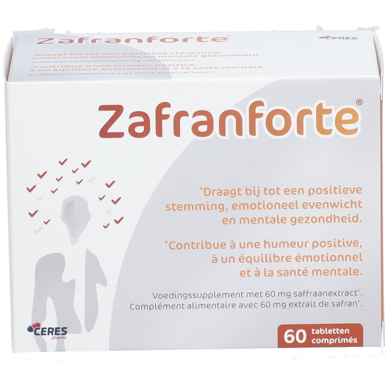Zafranforte-Verpackung. Weißer Karton mit orangefarbenen Akzenten. Aufschrift: Zafranforte, 60 Tabletten. Text in Niederländisch und Französisch.