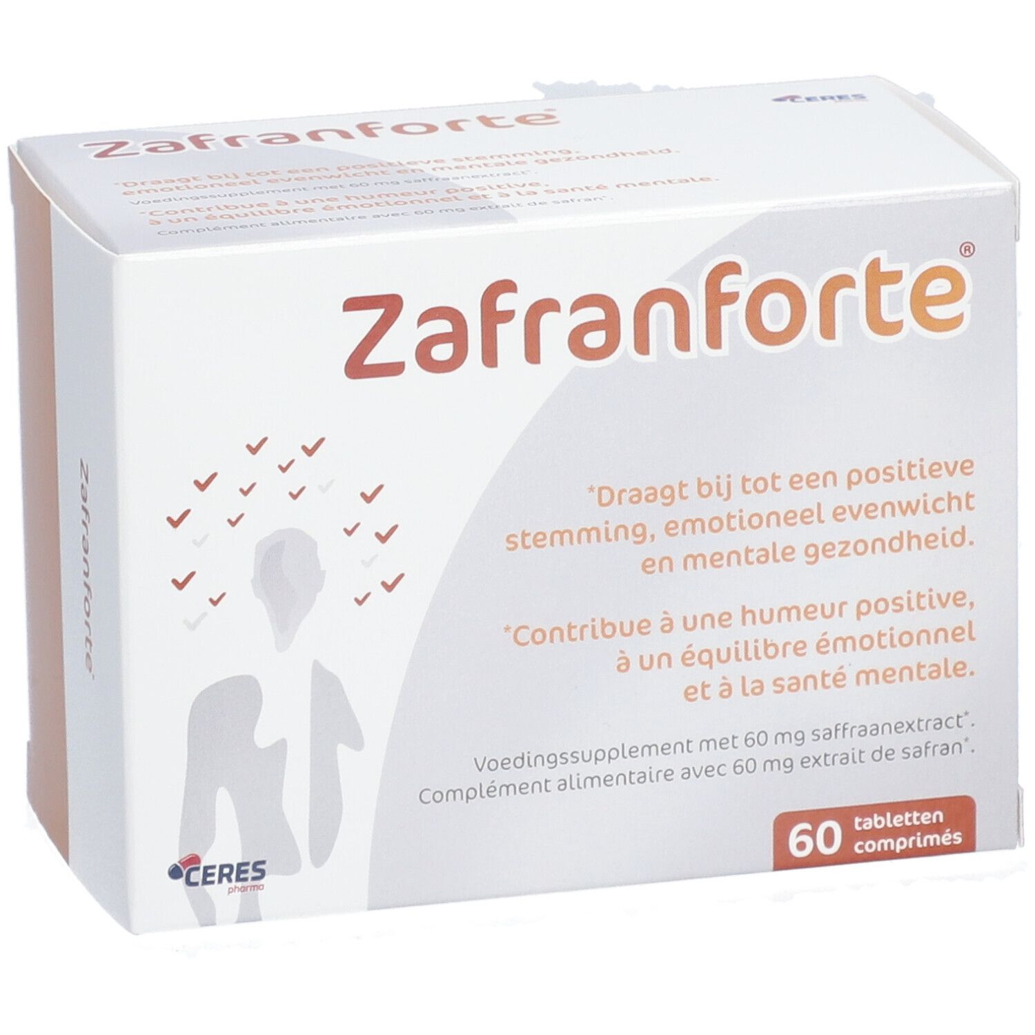 Zafranforte-Verpackung. Weißer Karton mit orangefarbenen Akzenten. Aufschrift: Zafranforte, 60 Tabletten. Text in Niederländisch und Französisch.