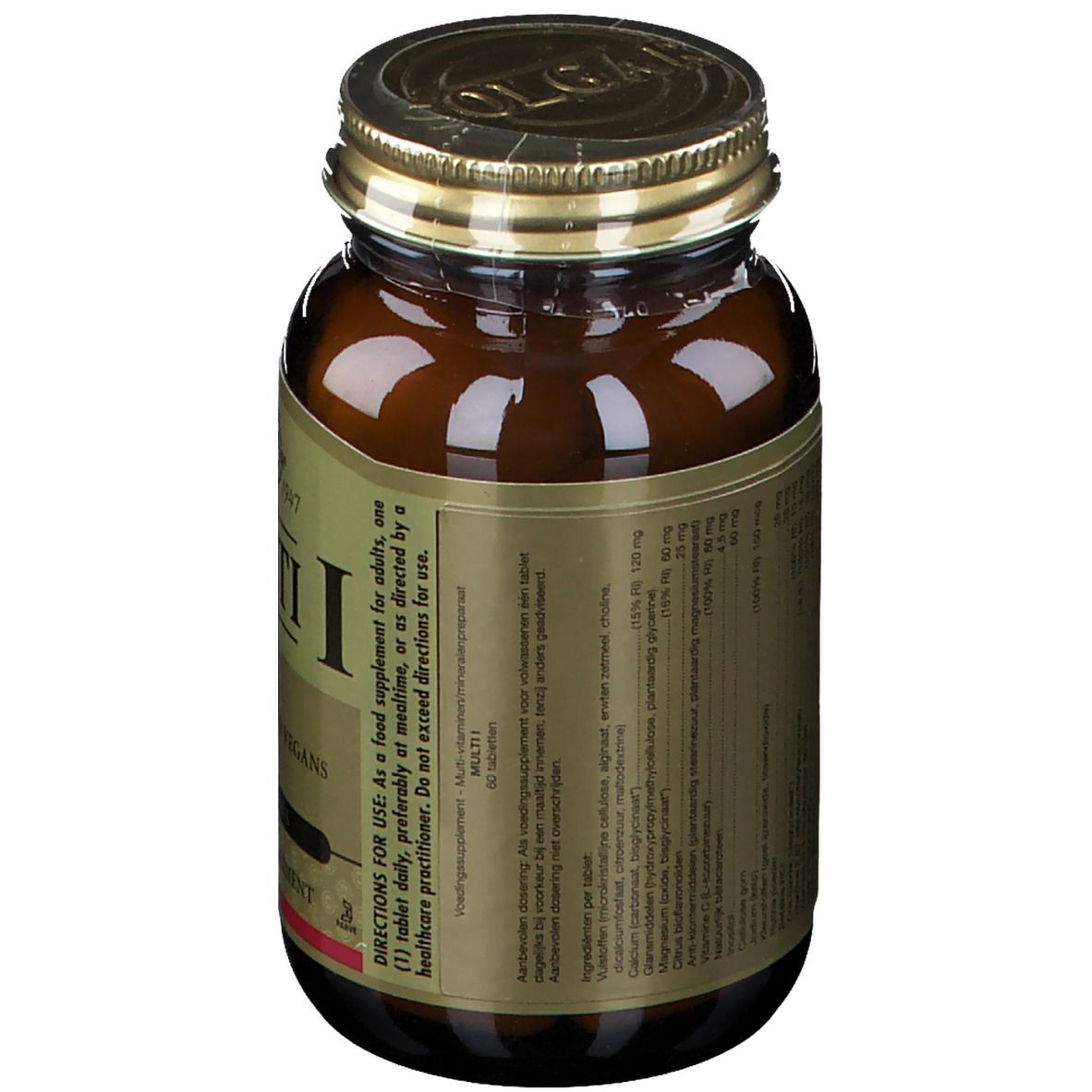 Vue arrière d'un flacon en verre brun. Étiquette avec ingrédients et instructions de dosage. Couvercle doré.