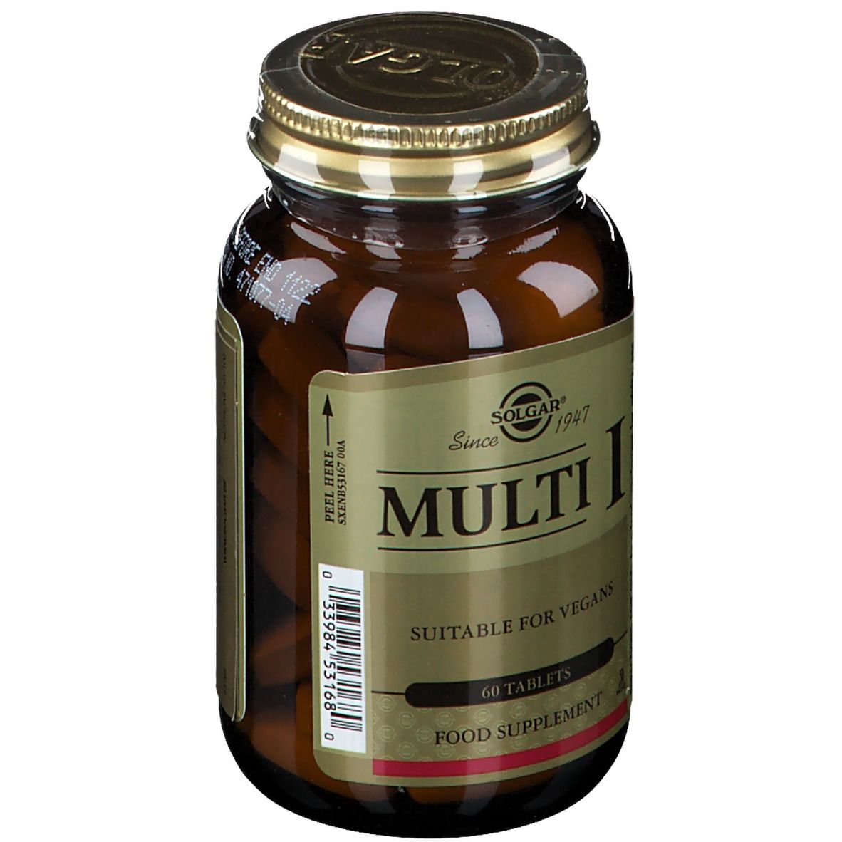 Flacon en verre brun avec couvercle doré. Étiquette "Multi I" et "60 comprimés". Convient aux végétaliens.