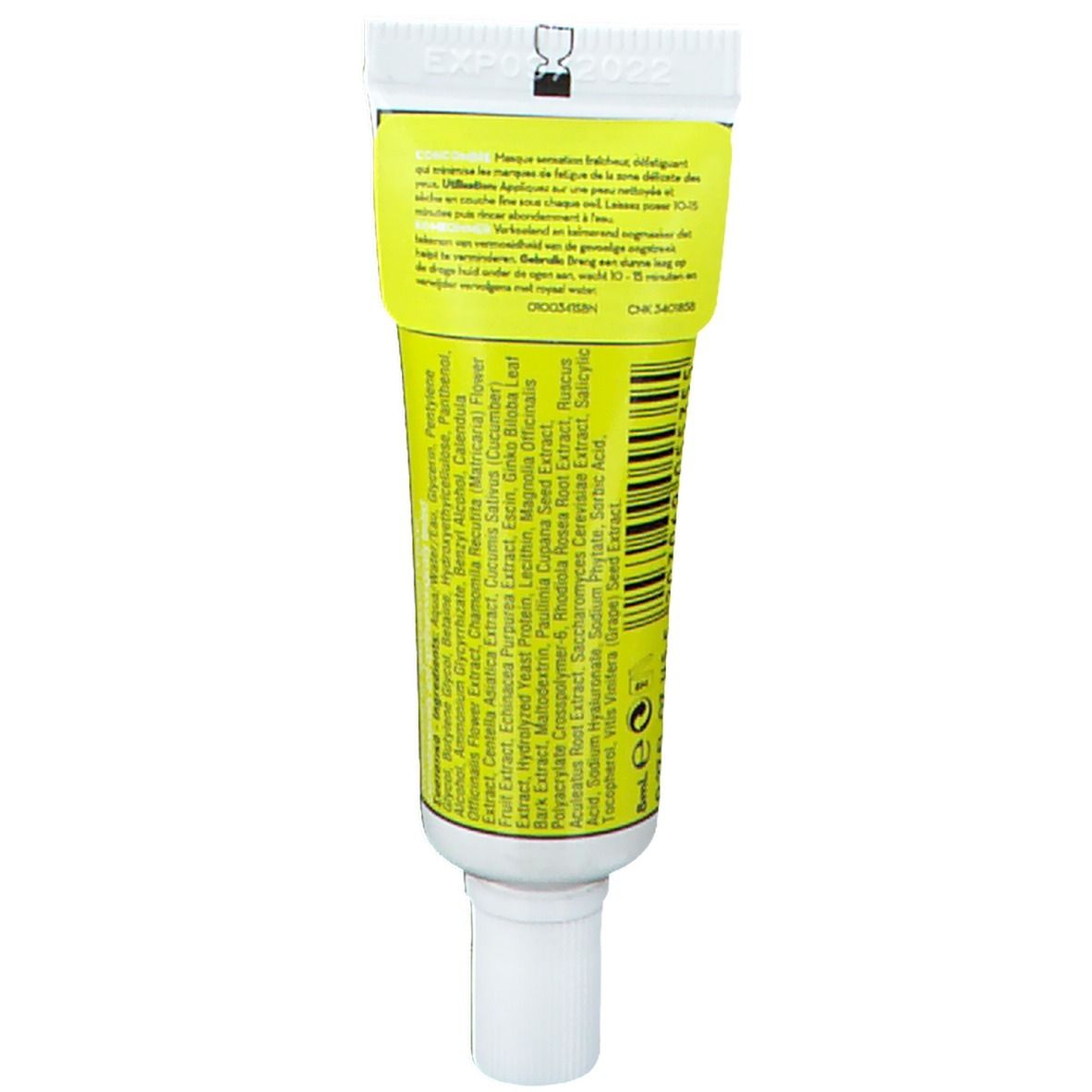Dos du tube KORRES® Eye Mask. Fond jaune avec texte et ingrédients. Bouchon à vis blanc.