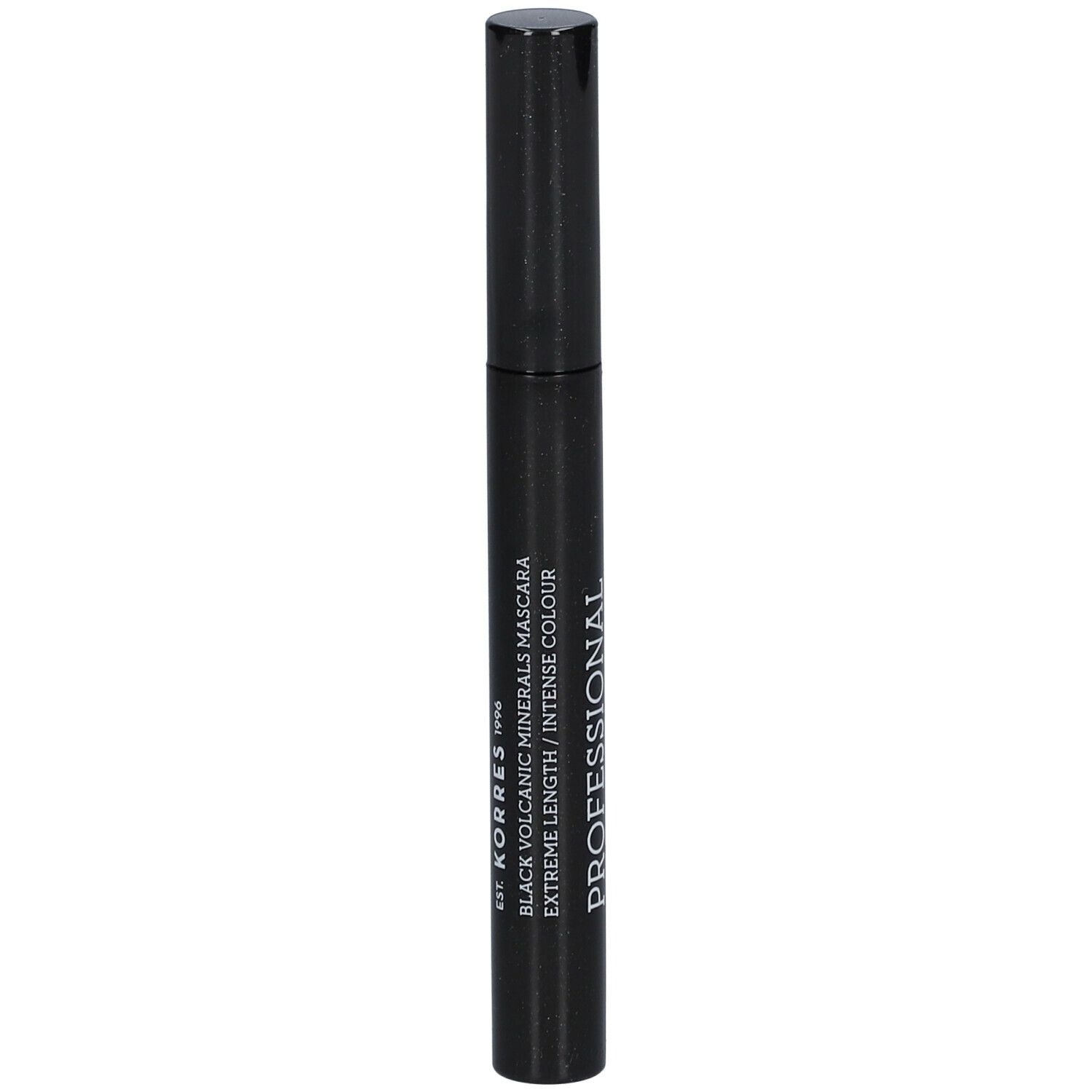 Zwarte mascara-tube met zwarte dop. Opschrift: KORRES, Black Volcanic Minerals Mascara, Extreme Length/Intense Colour.