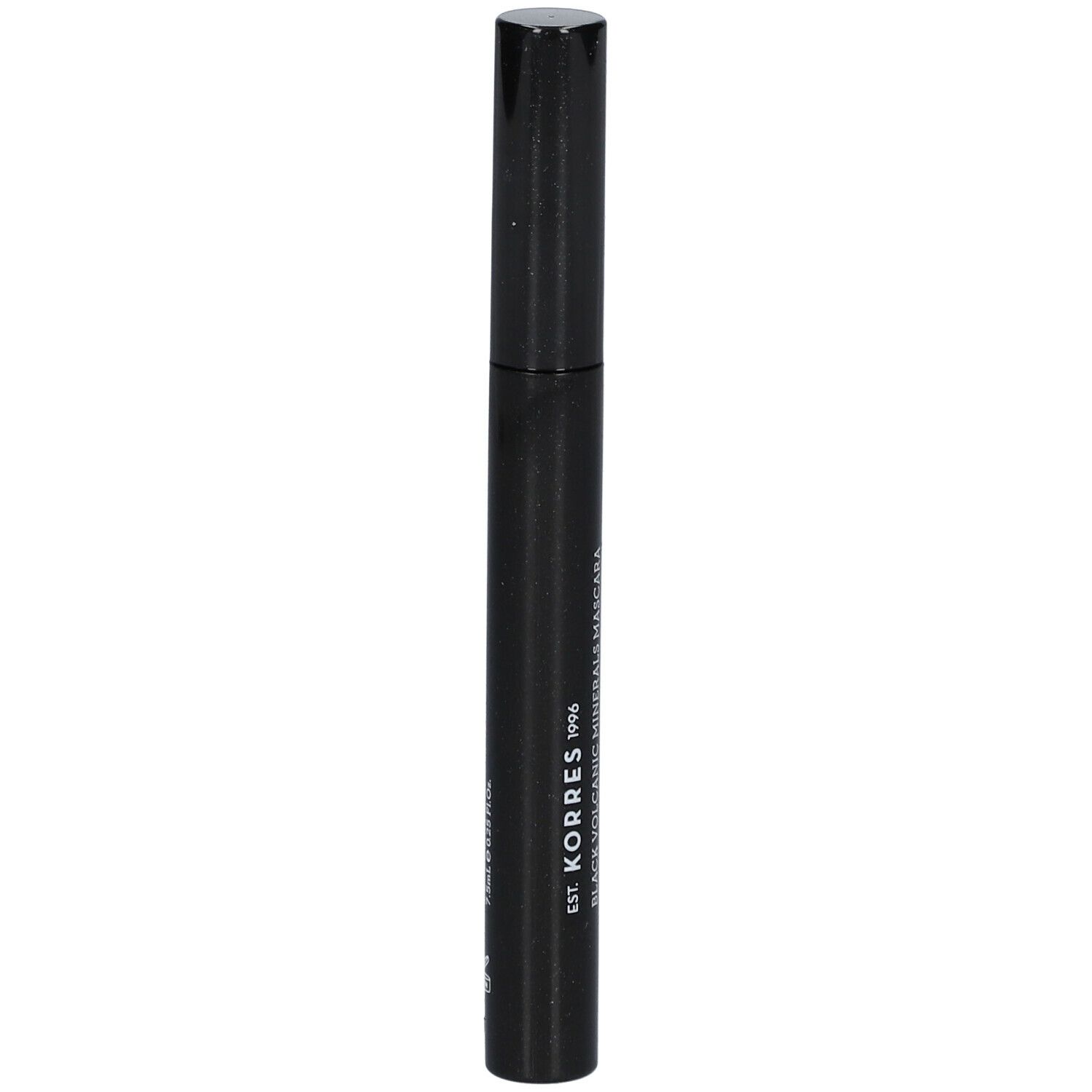 Zwarte mascara-tube met zwarte dop. Opschrift: KORRES 1996, Black Volcanic Minerals Mascara.