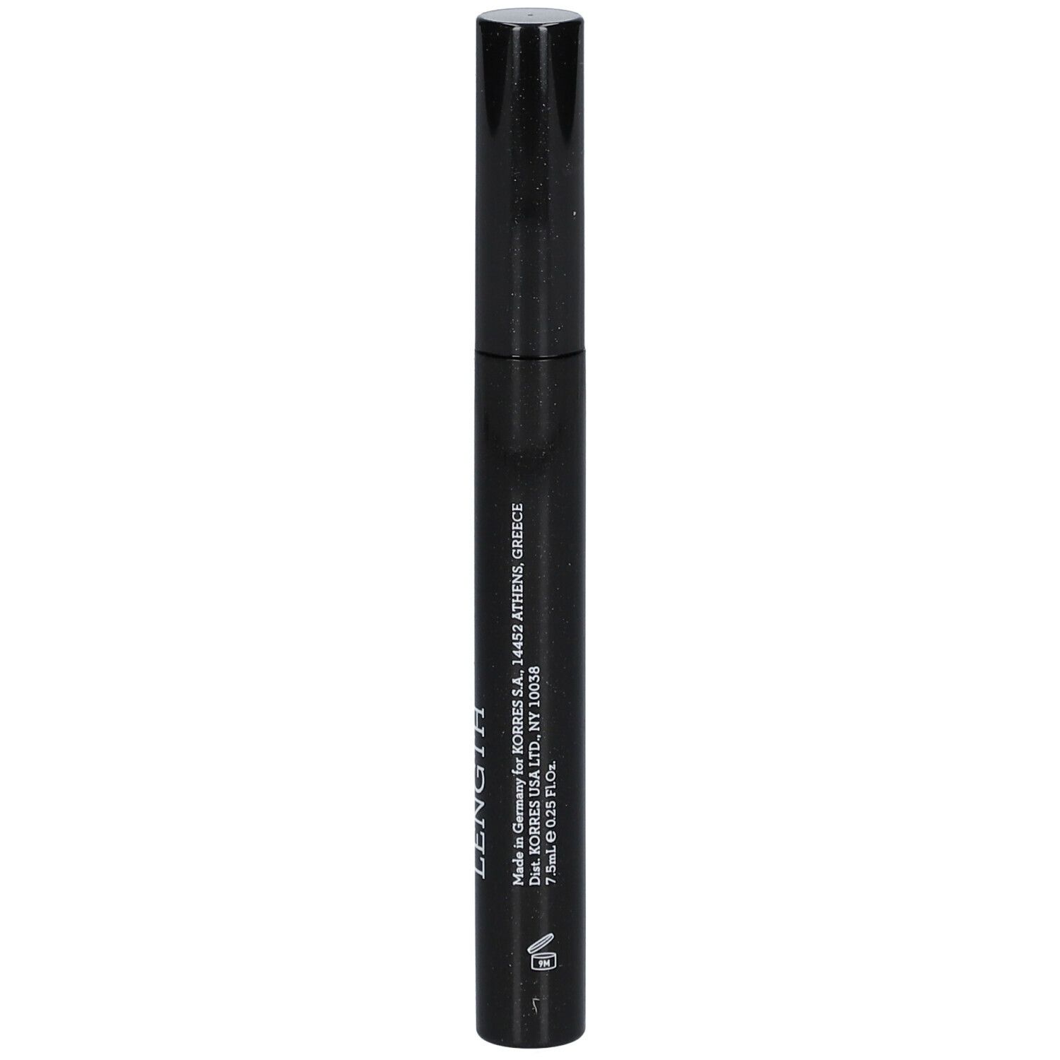 Zwarte mascara-tube met zwarte dop. Opschrift: Made in Germany for KORRES S.A., 14452 Athens, Greece.