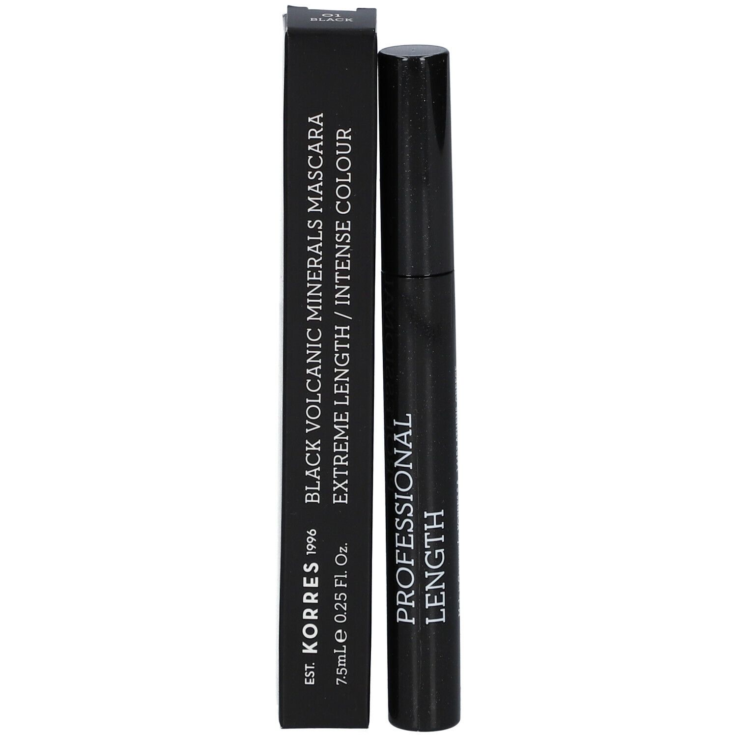 Zwarte mascara-tube en doosje. Opschrift: KORRES, Black Volcanic Minerals Mascara, Extreme Length/Intense Colour.