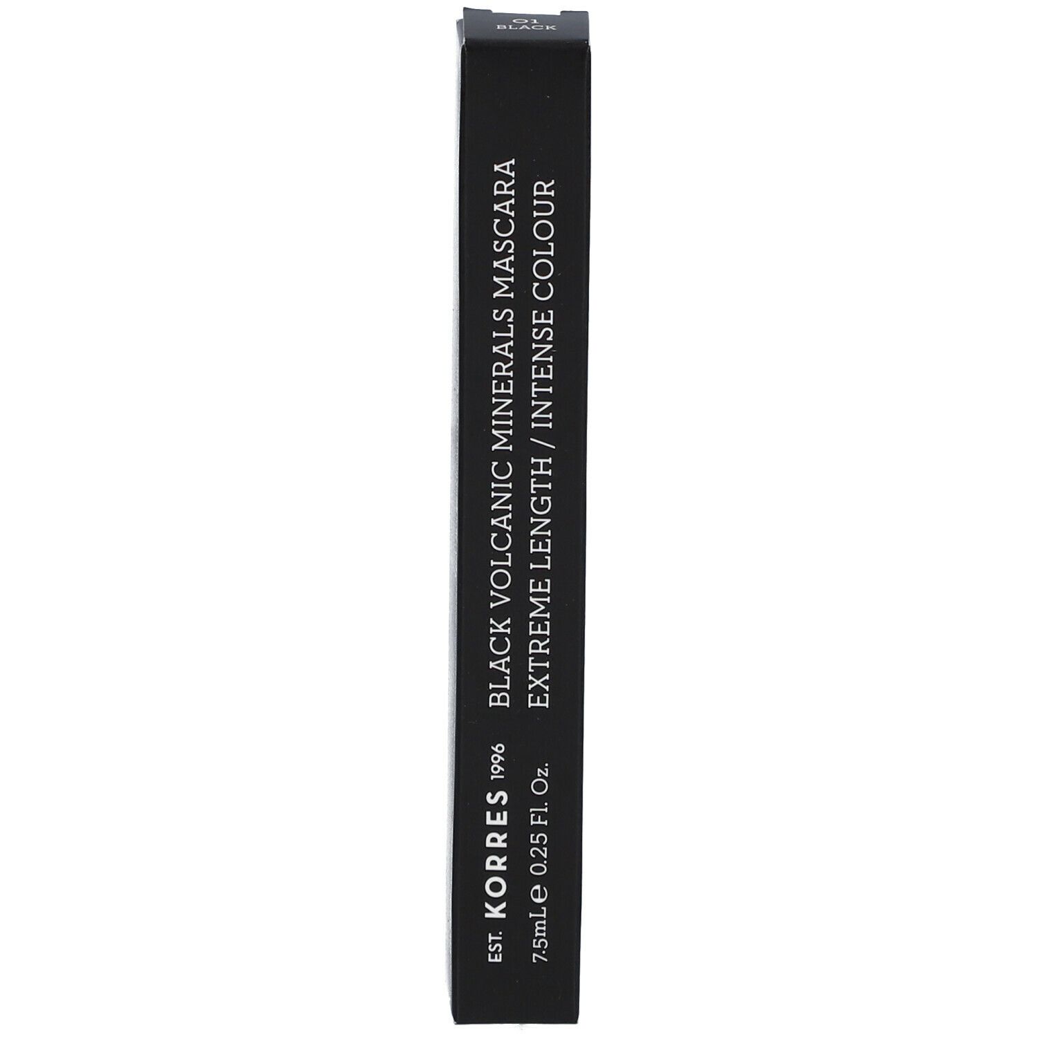 Zwart mascara-doosje. Opschrift: KORRES, Black Volcanic Minerals Mascara, Extreme Length/Intense Colour, 7.5ml.