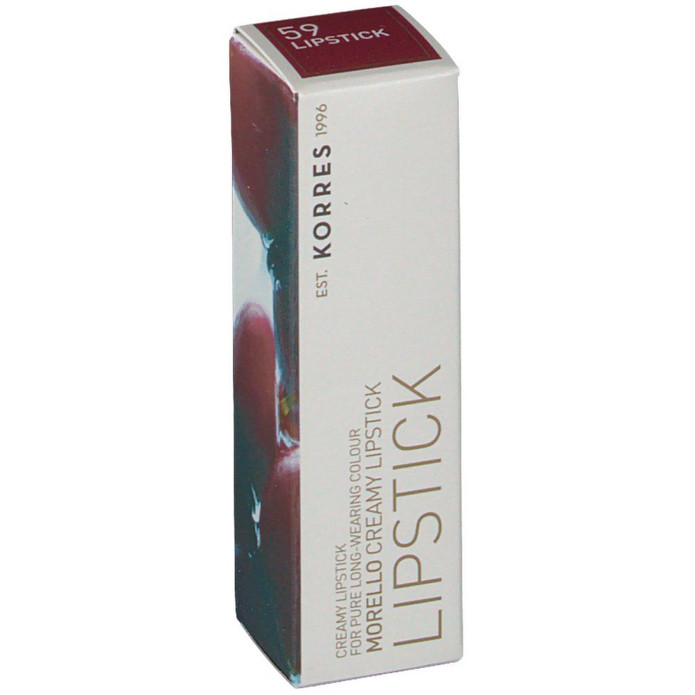 Emballage de rouge à lèvres KORRES. Boîte blanche avec couvercle rouge. Inscription : LIPSTICK, 59, EST. KORRES 1996.