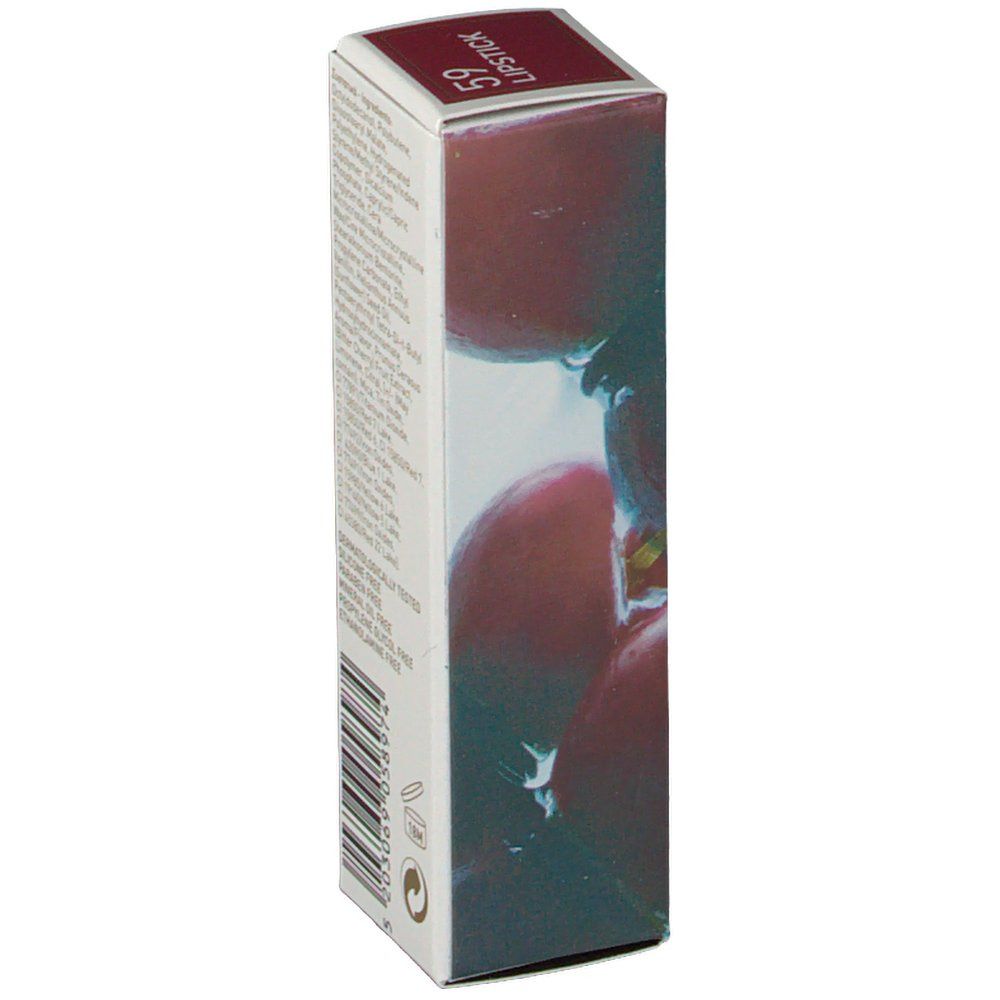 Emballage de rouge à lèvres KORRES. Boîte blanche avec couvercle rouge. Côté avec image de cerises.