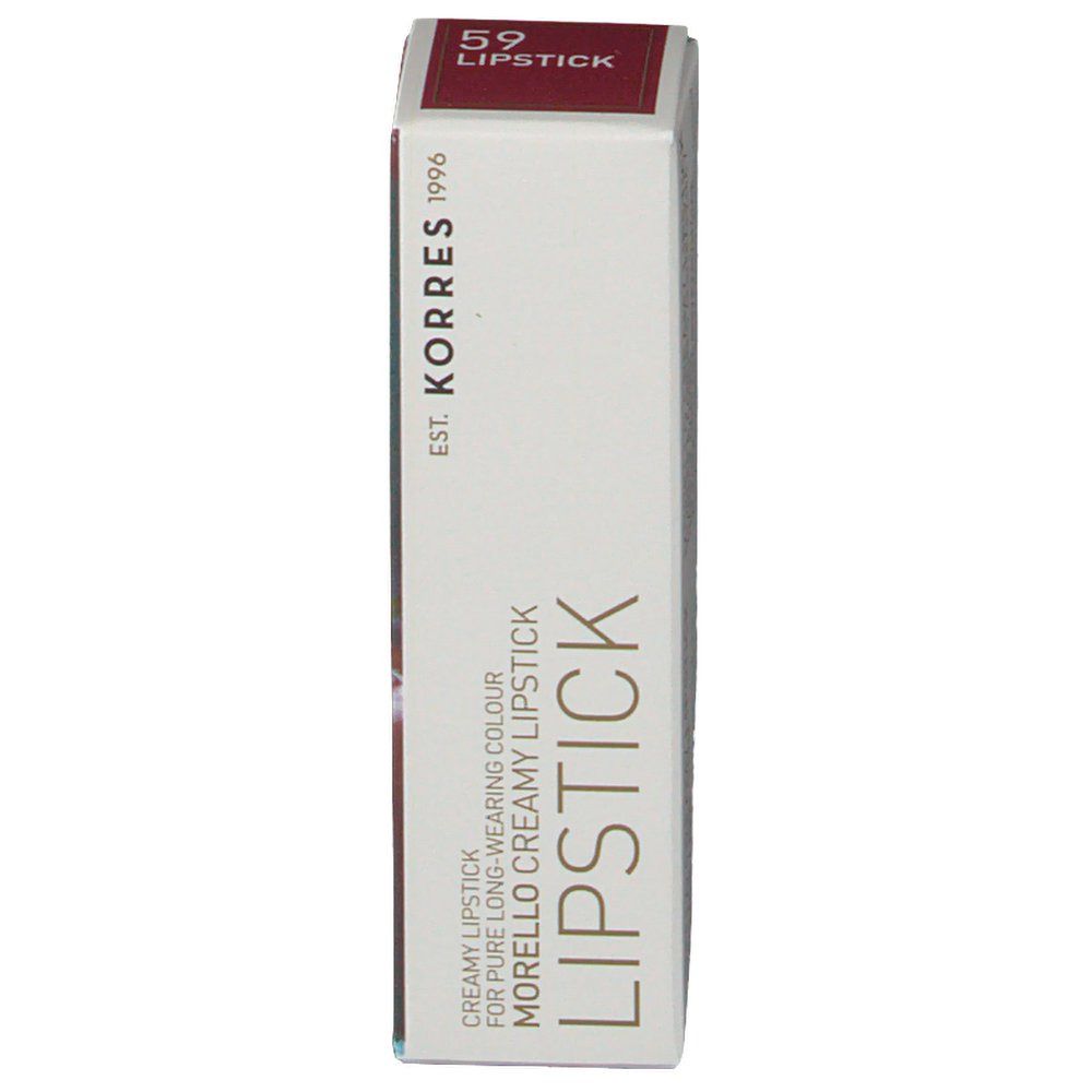 Emballage de rouge à lèvres KORRES. Boîte blanche avec couvercle rouge. Inscription : LIPSTICK, 59, EST. KORRES 1996.