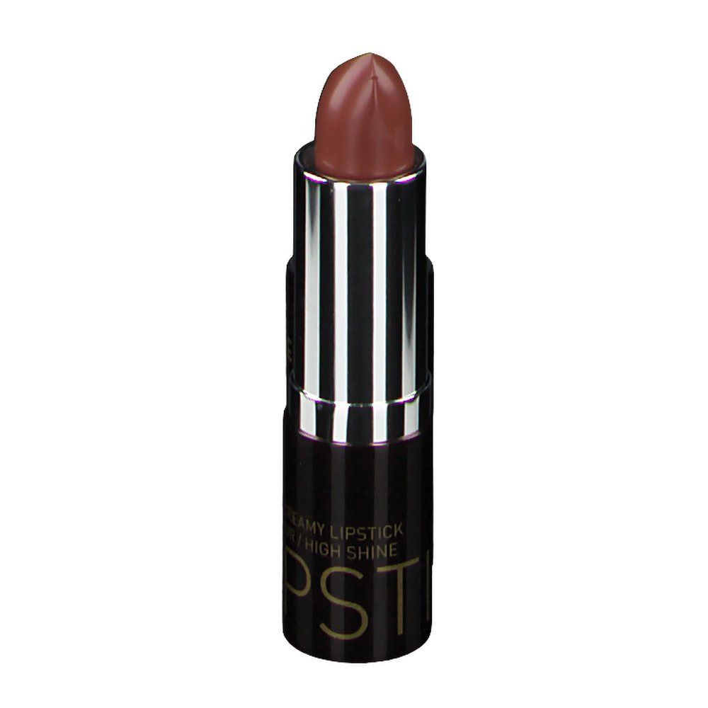 Rouge à lèvres Mokkabraun. Étui noir et argenté. Fermé, bâtonnet mokka visible. Texte : CREAMY LIPSTICK / HIGH SHINE.