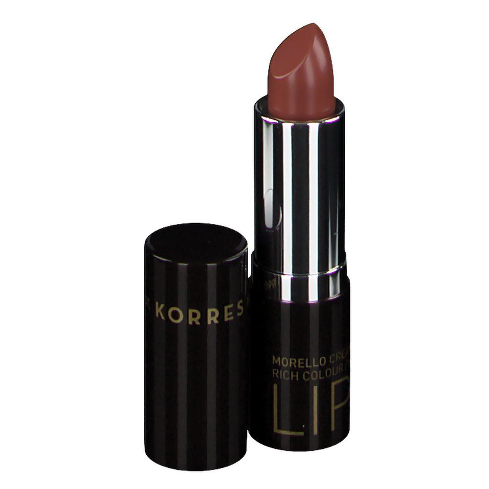 Rouge à lèvres Mokkabraun KORRES. Étui noir et argenté. Ouvert, bâtonnet mokka visible. Texte : MORELLO CREAM RICH COLOUR LIPSTICK.