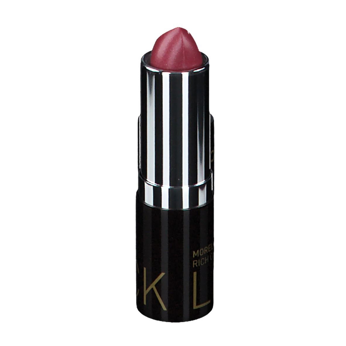 Rouge à lèvres avec étui noir rayé et capuchon ouvert. Le rouge à lèvres est rouge-brun. Texte « LIPSTICK » et « MORELLO CREAMY » visibles.
