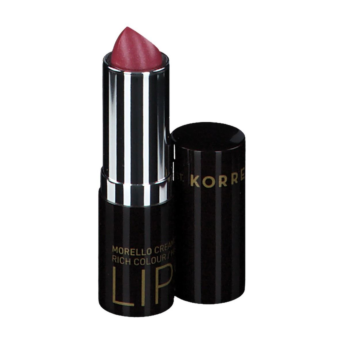 Rouge à lèvres avec étui noir rayé et capuchon ouvert. Le rouge à lèvres est rouge-brun. Texte « LIPSTICK » et « MORELLO CREAMY » visibles.
