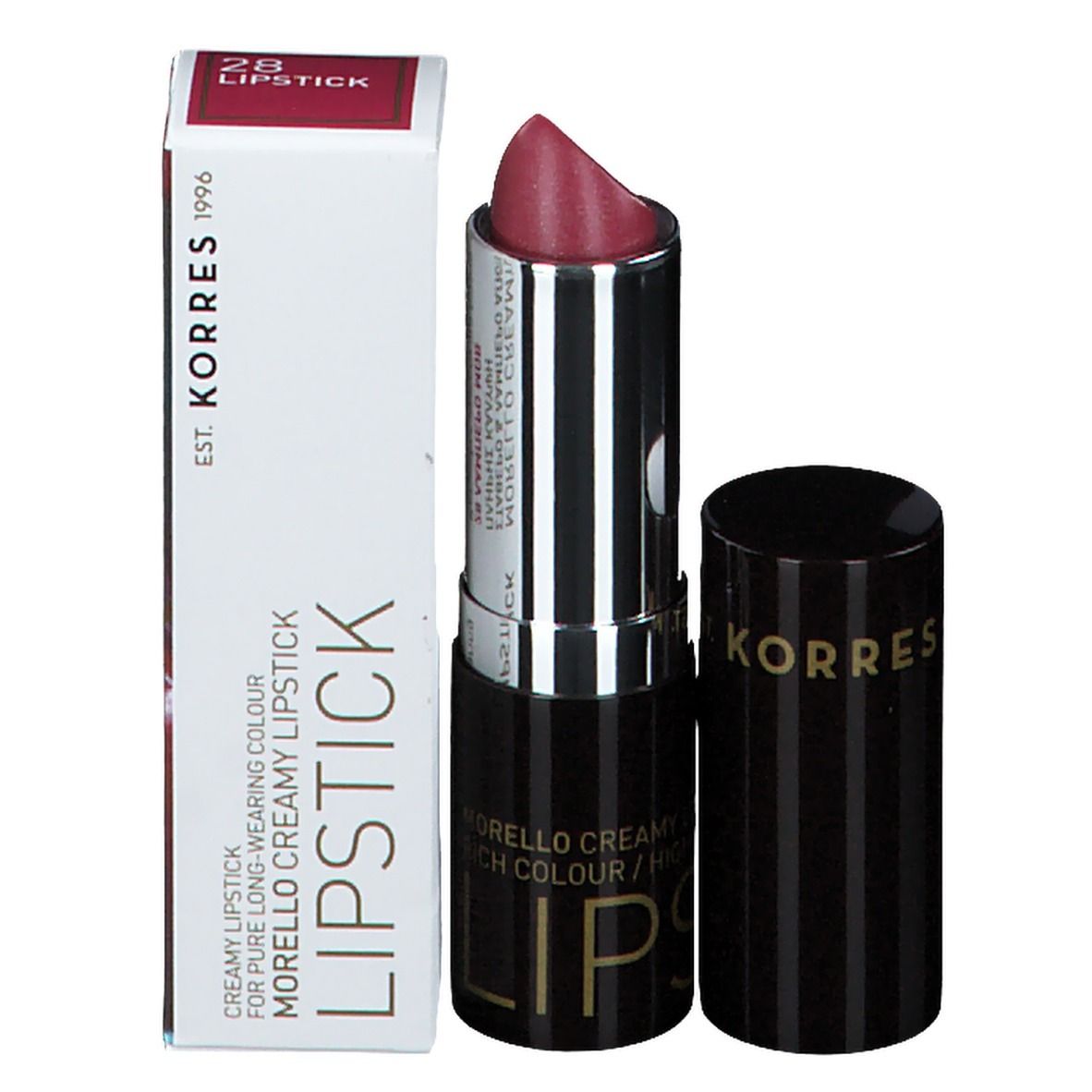 Rouge à lèvres avec emballage. Le rouge à lèvres est rouge-brun. Sur l'emballage, il est écrit « LIPSTICK » et « KORRES ».