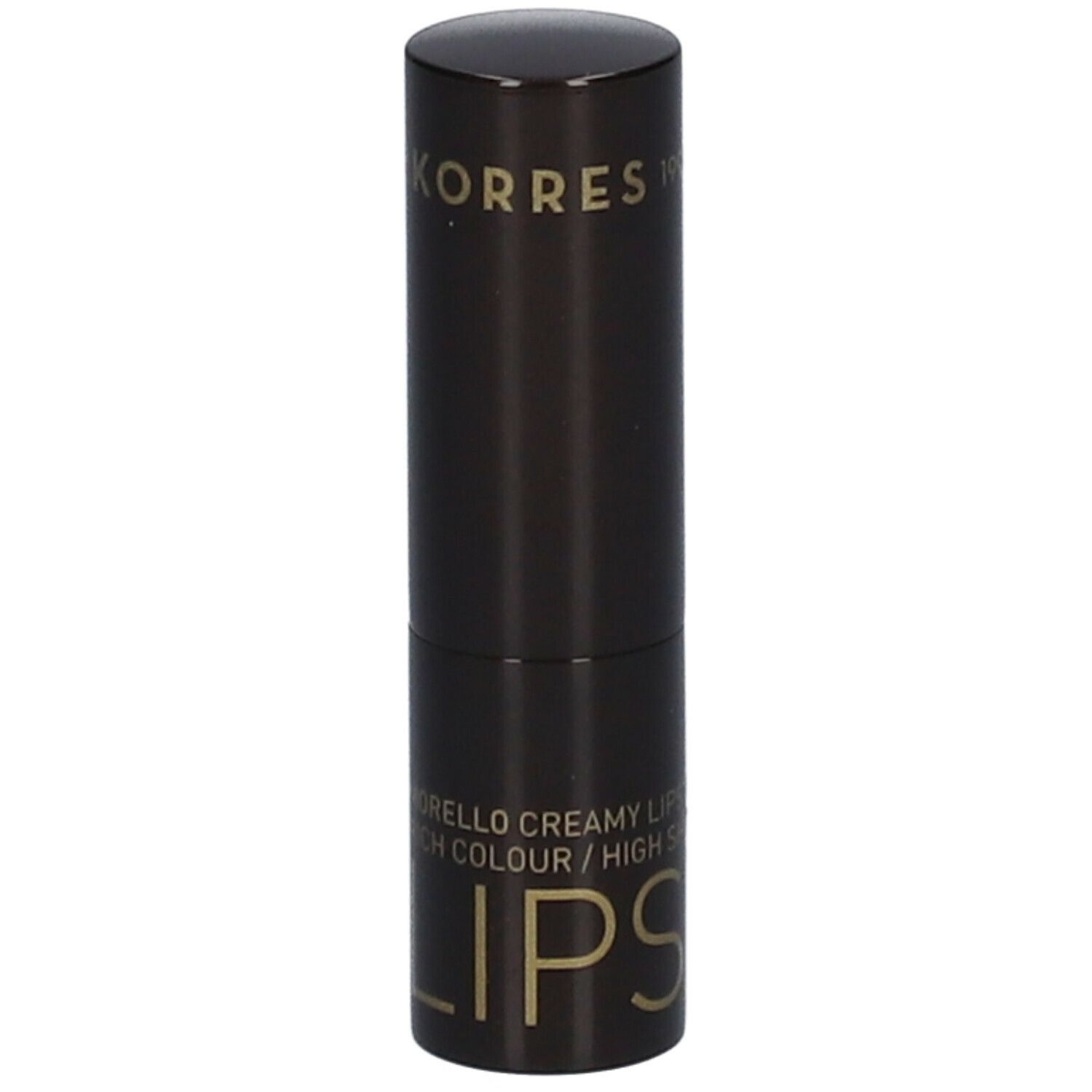 Rouge à lèvres brun foncé KORRES. Inscription dorée : MORELLO CREAMY LIPSTICK.