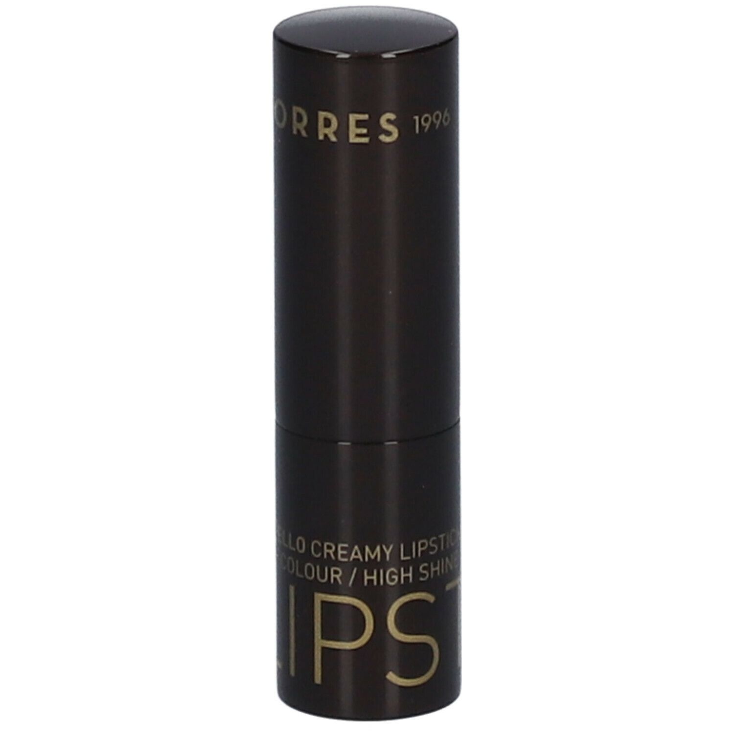 Rouge à lèvres brun foncé KORRES. Inscription : MORELLO CREAMY LIPSTICK / HIGH SHINE.