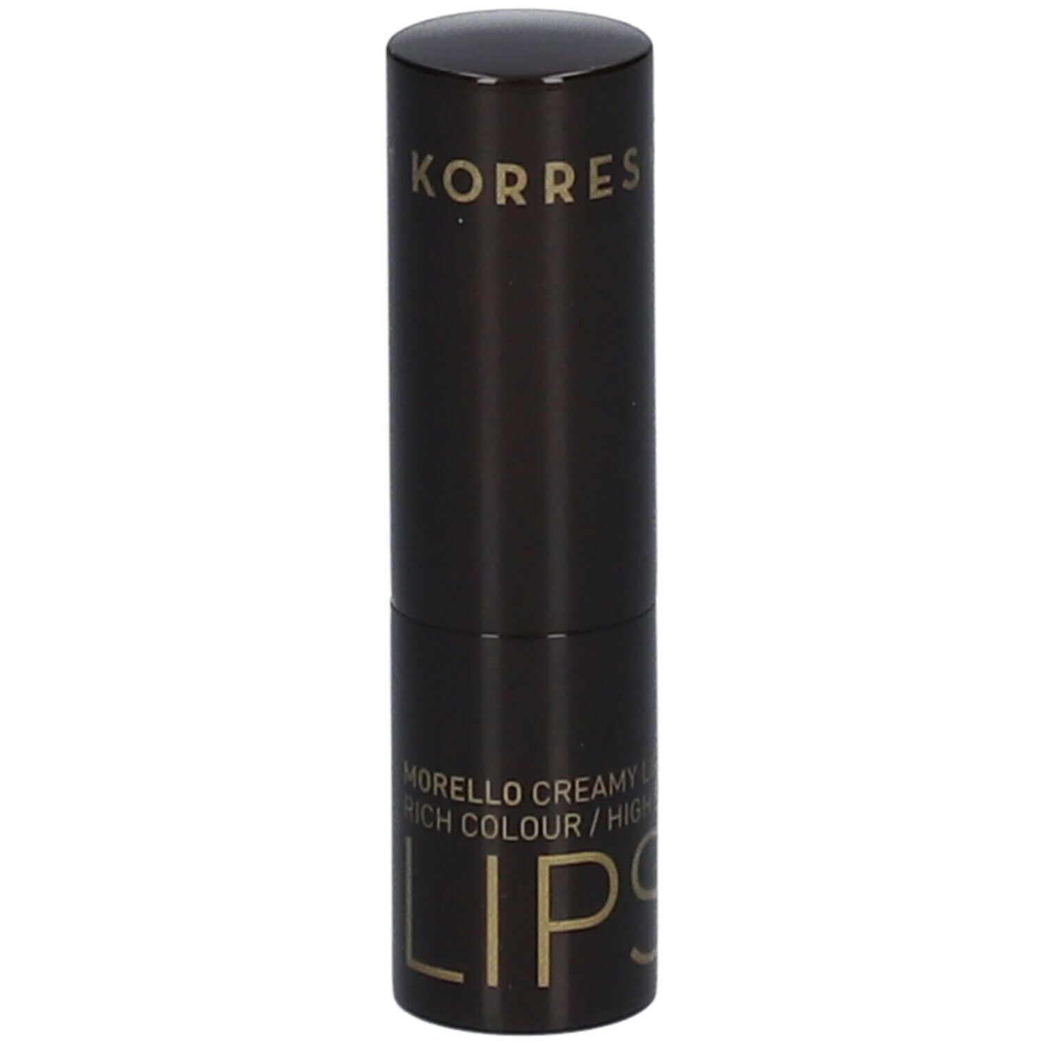 Rouge à lèvres brun foncé KORRES. Inscription : MORELLO CREAMY LIPSTICK / HIGH SHINE.