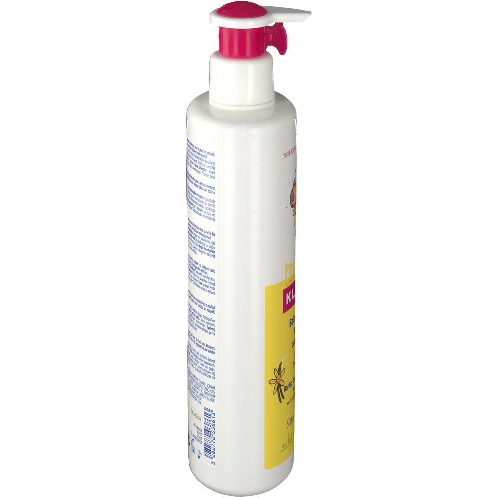 Flacon blanc avec pompe rose, vue latérale. Étiquette jaune avec texte. Inscription : Klorane. Texte en plusieurs langues.