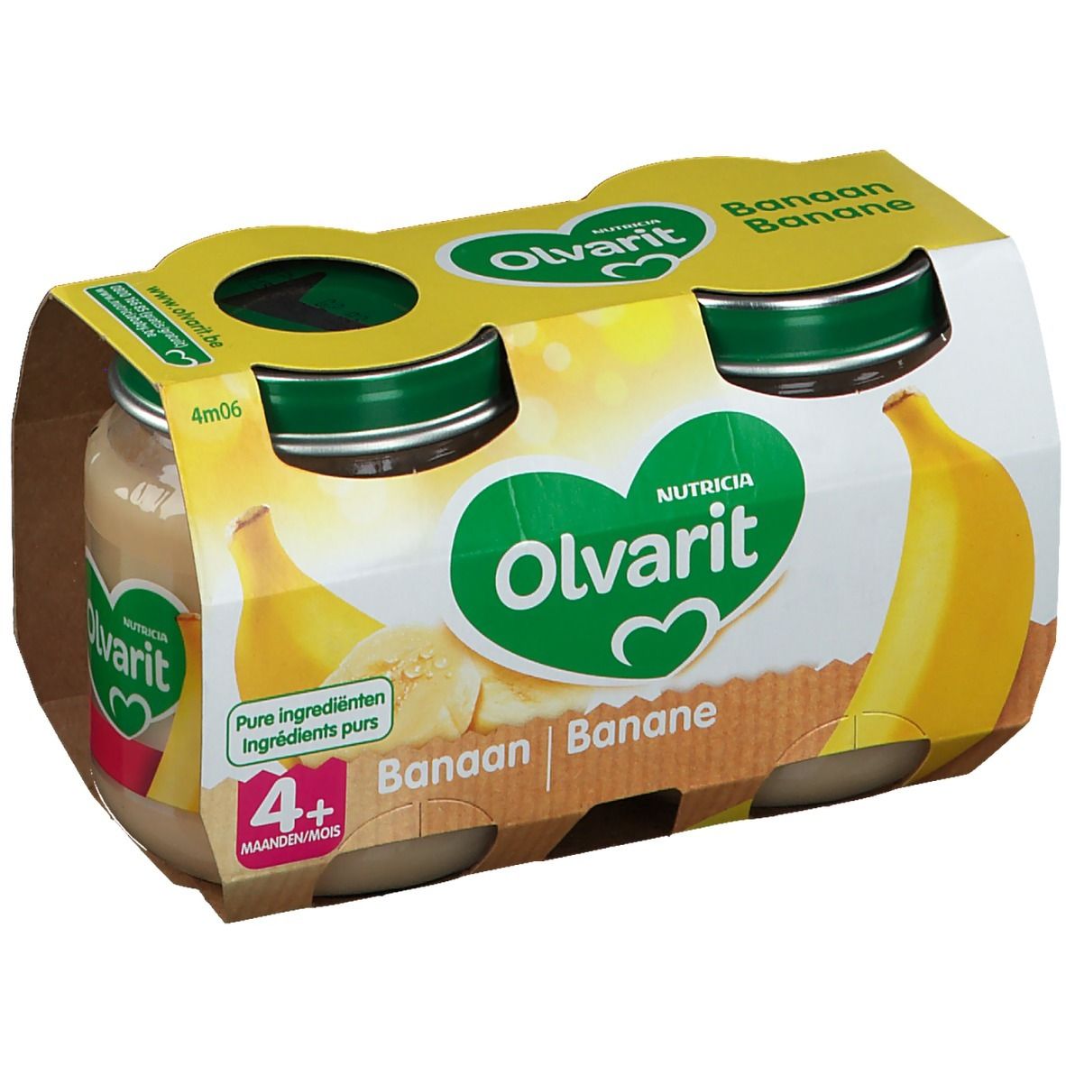 Verpakking met vier potjes Olvarit Banaan 4+ maanden. Gele verpakking met bananenillustraties en productlogo.