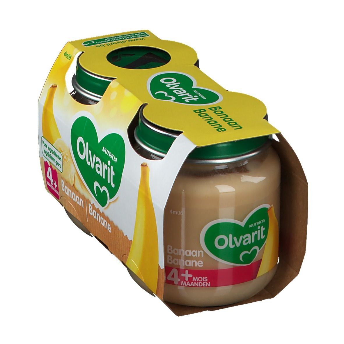 Verpakking met twee potjes Olvarit Banaan 4+ maanden. Gele verpakking met bananenillustraties en productlogo.