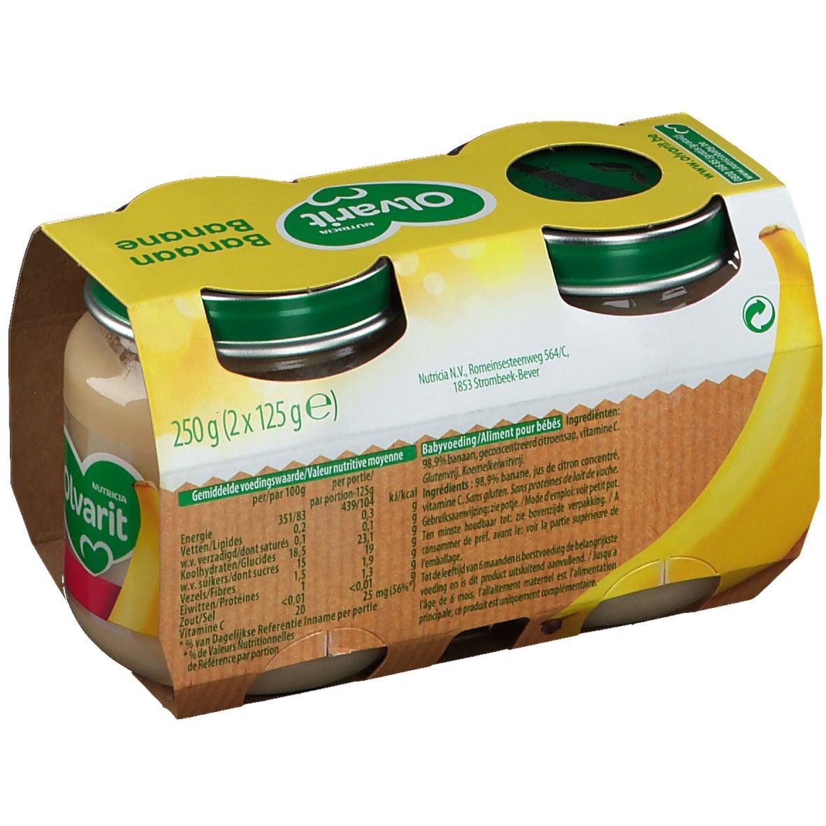 Achterkant van de verpakking met twee potjes Olvarit Banaan 4+ maanden. Voedingswaarde en productinformatie.