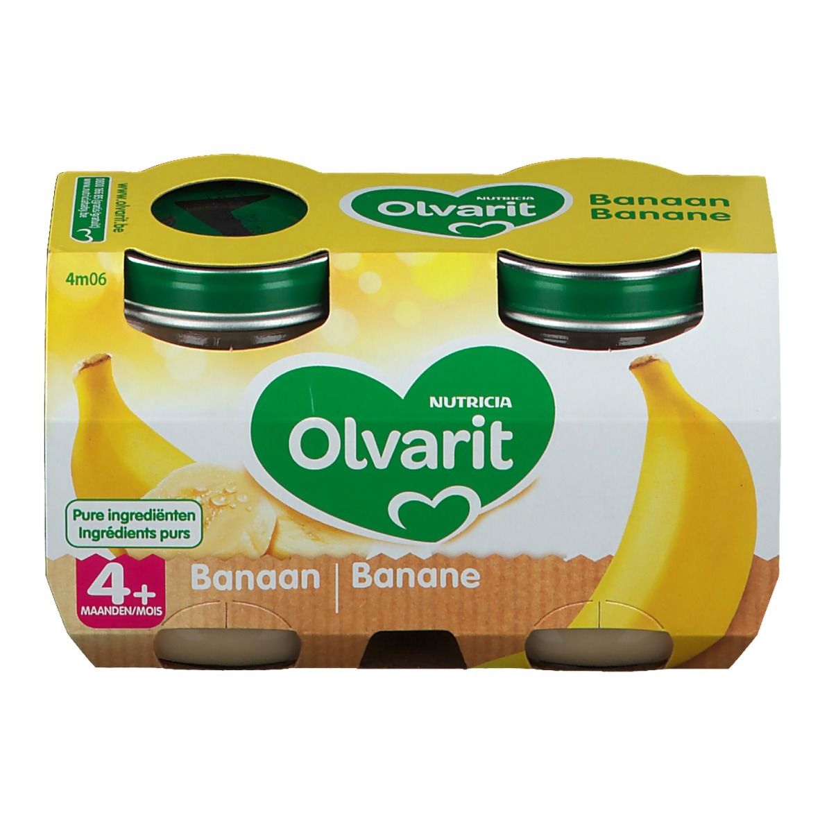 Verpakking met vier potjes Olvarit Banaan 4+ maanden. Gele verpakking met bananenillustraties en productlogo.