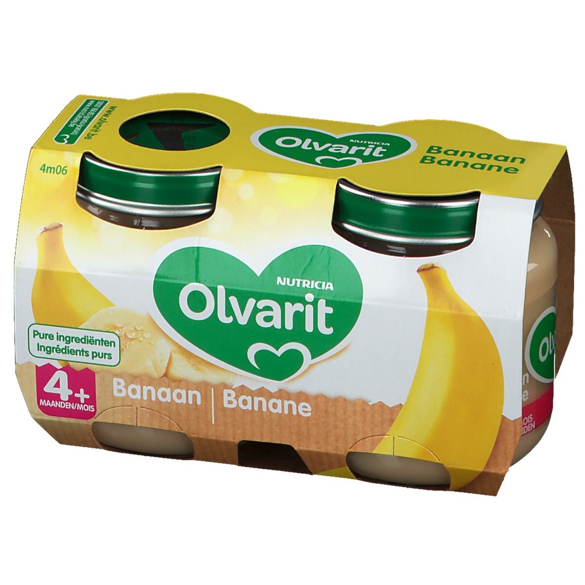 Verpakking met vier potjes Olvarit Banaan 4+ maanden. Gele verpakking met bananenillustraties en productlogo.