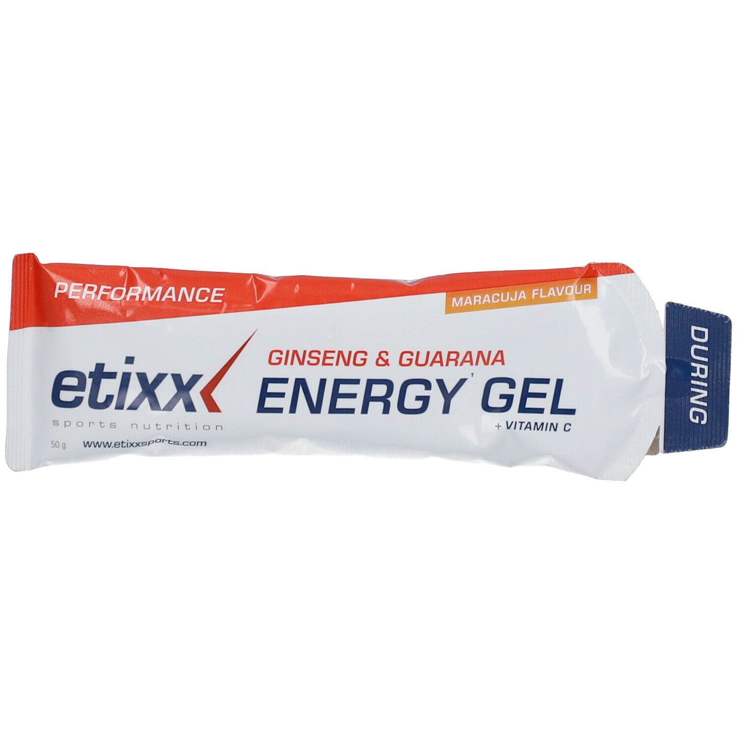 Gel énergétique Etixx Maracuja. Emballage blanc et rouge avec nom du produit et "Ginseng & Guarana". Texte : "+ Vitamin C".