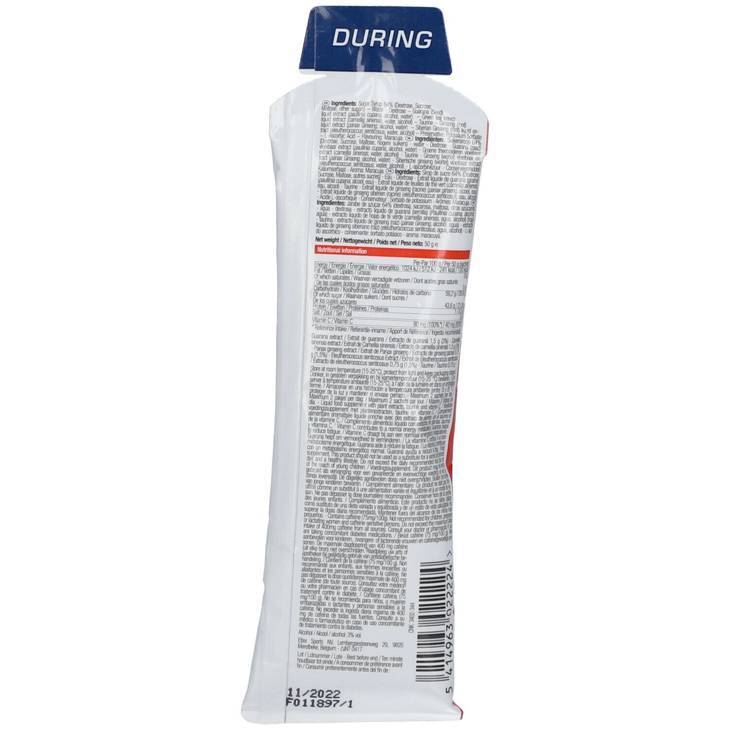Dos de l'emballage Etixx Energy Gel Maracuja. Contient des informations textuelles et le mot "DURING".