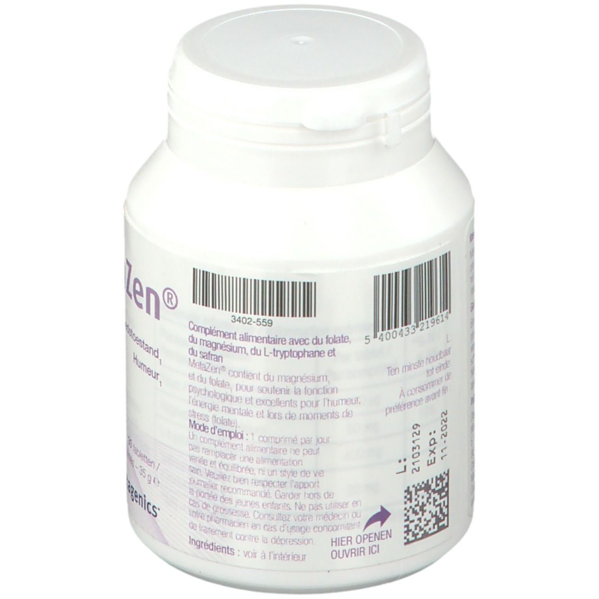 Achterkant van een witte tablettenfles. Tekst: MetaZen, voedingssupplement met magnesium, L-tryptofaan en saffraan. Barcode en QR-code.
