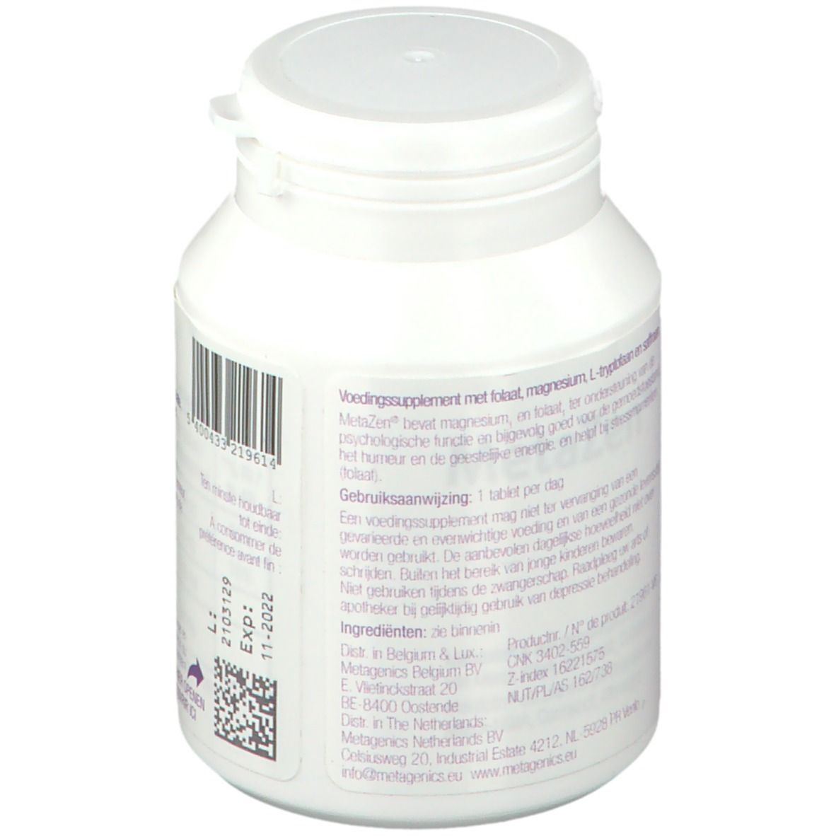 Achterkant van een witte tablettenfles. Tekst: MetaZen, voedingssupplement. Ingrediënten, gebruiksaanwijzing. Fabrikant informatie.
