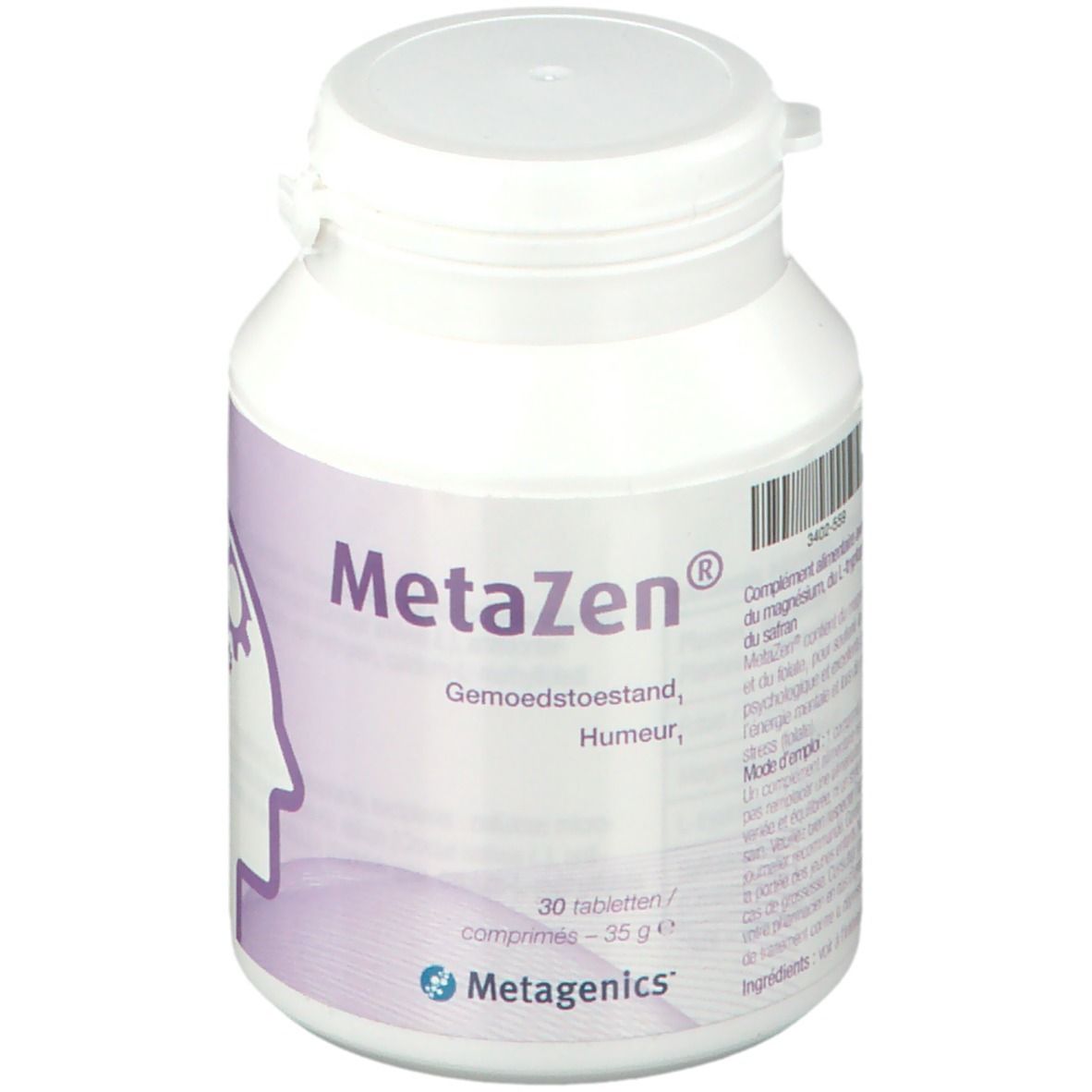Witte tablettenfles met paars etiket. Opschrift: MetaZen, 30 tabletten, Metagenics. Illustratie van een hoofd.