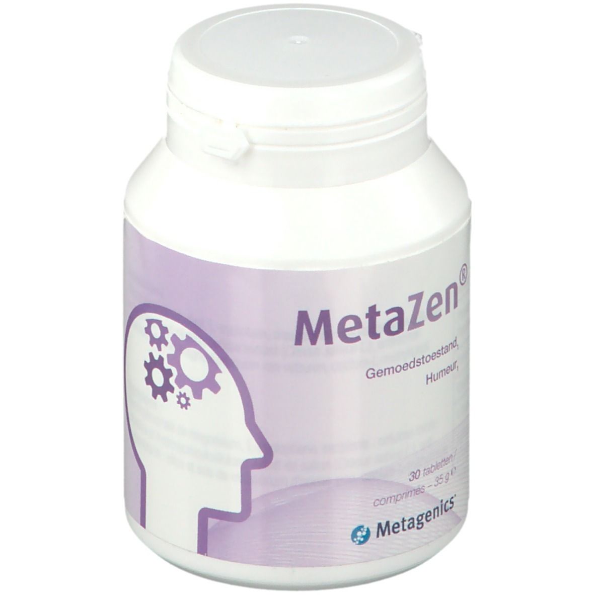 Witte tablettenfles met paars etiket. Opschrift: MetaZen, 30 tabletten, Metagenics. Illustratie van een hoofd met tandwielen.