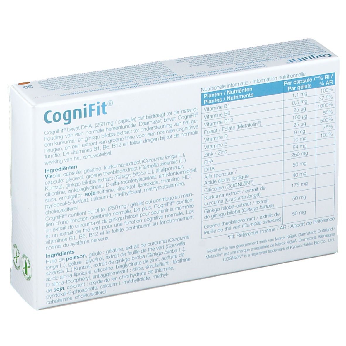 Dos de la boîte CogniFit. Liste des ingrédients, informations nutritionnelles. Texte multilingue. Contient DHA, vitamines, curcuma, thé vert.