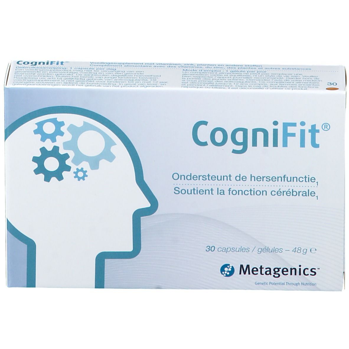 Boîte blanche CogniFit, silhouette de tête et engrenages. Texte: Soutient la fonction cérébrale. 30 gélules, 48g. Metagenics.