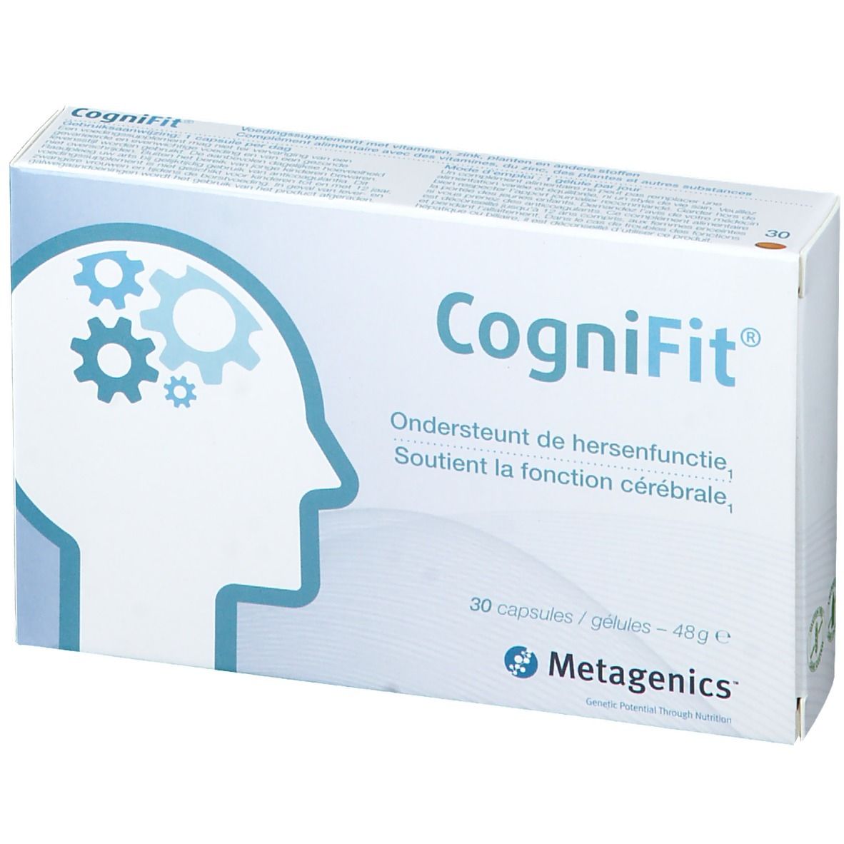 Boîte blanche CogniFit, silhouette de tête et engrenages. Texte: Soutient la fonction cérébrale. 30 gélules, 48g. Metagenics.