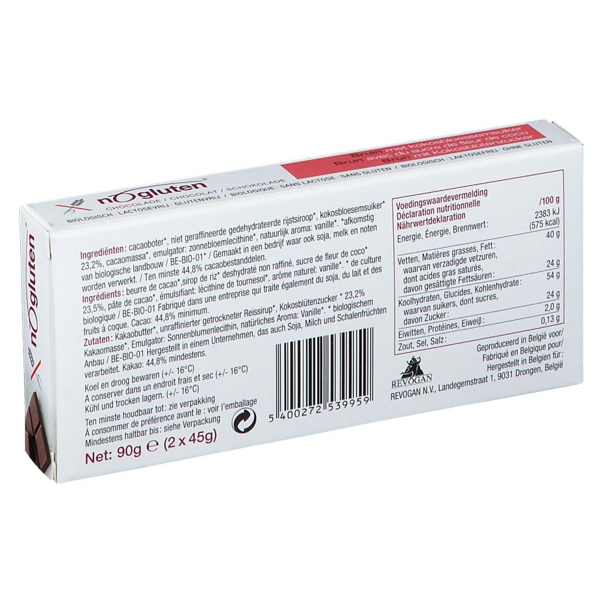 Rückseite der Schokoladenverpackung. Text mit Zutaten und Nährwertangaben. Aufschrift: nOgluten.