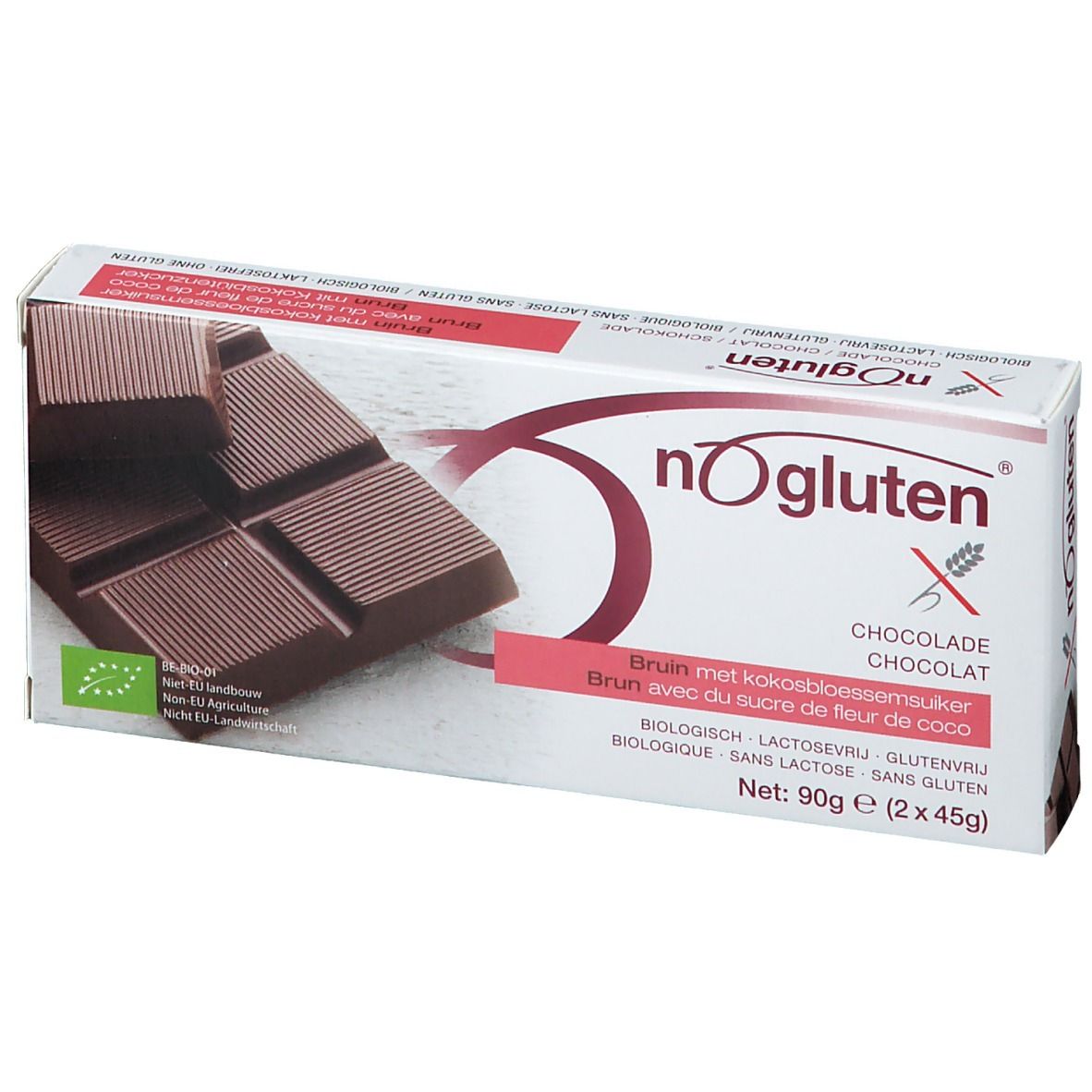 Schokoladentafel in Verpackung. Braune Schokolade mit sichtbaren Stücken. Aufschrift: nOgluten, Schokolade.