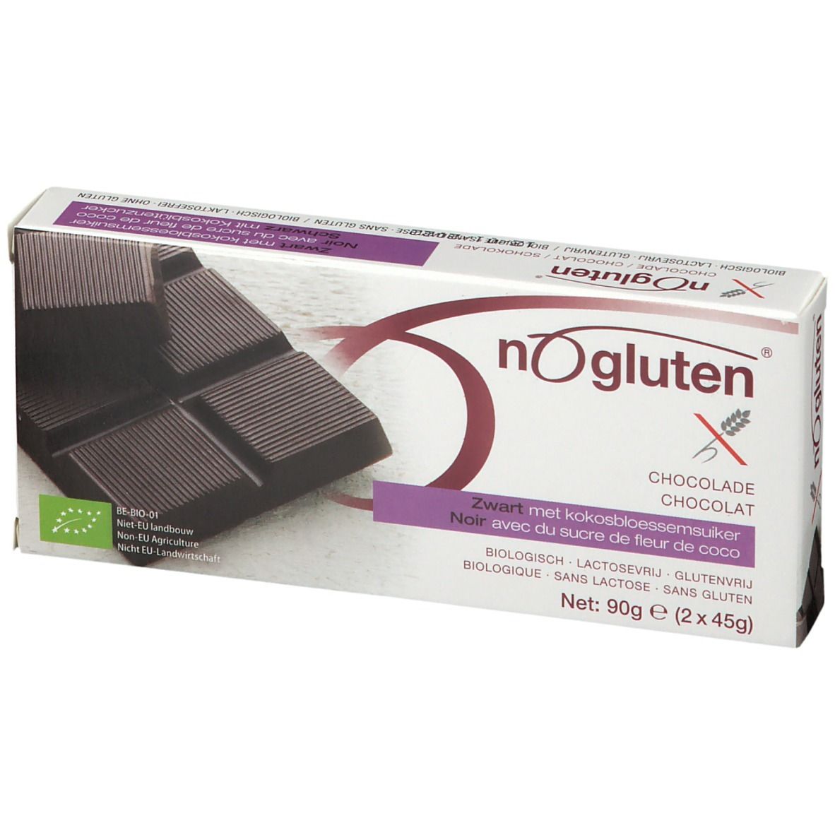 nOgluten Schokolade, dunkle Schokolade, in Verpackung. Glutenfrei, laktosefrei. 90g. Mit Kokosblütenzucker.