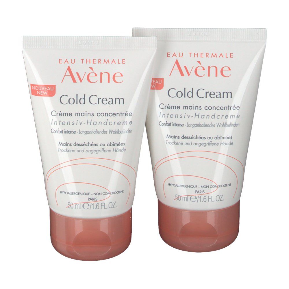 Deux tubes de crème pour les mains. Blancs, avec bouchon rose. Inscription: Eau Thermale Avène Cold Cream. 50ml/1.6 fl.oz.