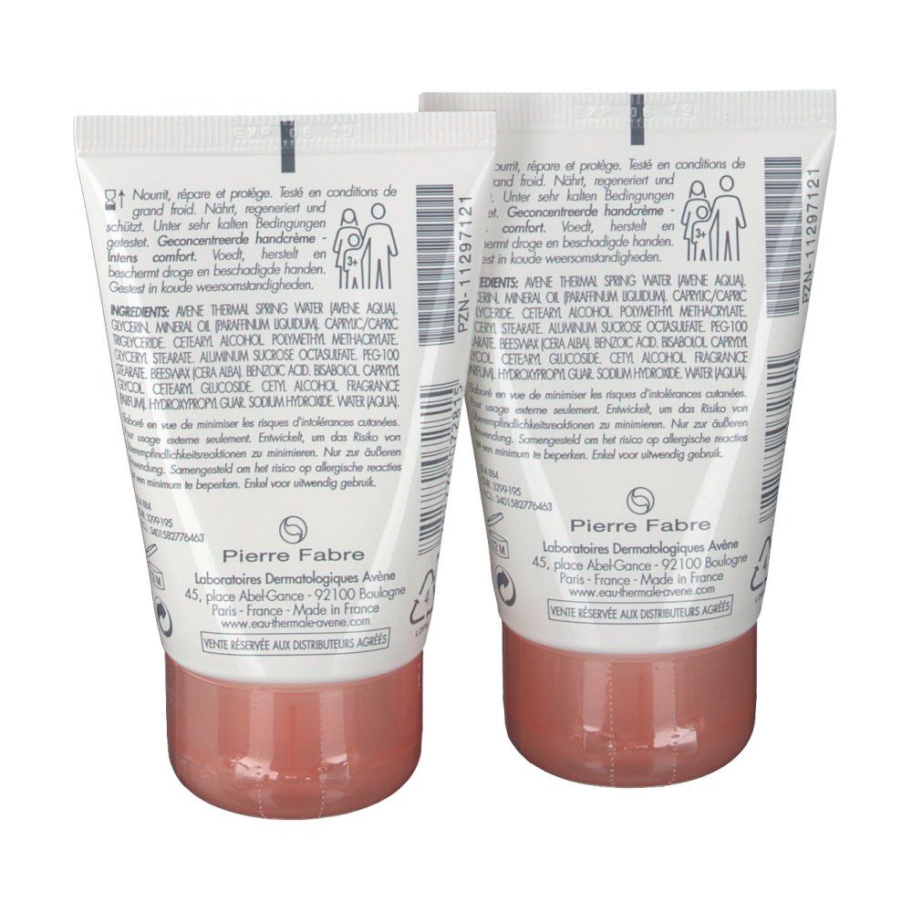 Deux tubes de crème pour les mains, dos. Blancs, avec bouchon rose. Inscription: ingrédients, Pierre Fabre. PZN-11297121.