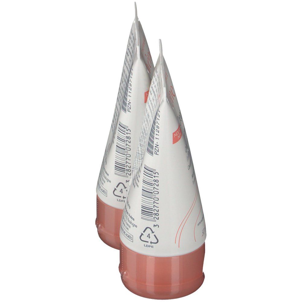 Deux tubes de crème pour les mains, vus de côté. Blancs, avec bouchon rose. Code-barres et symbole de recyclage.