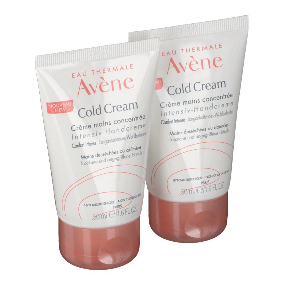 Deux tubes de crème pour les mains. Blancs, avec bouchon rose. Inscription: Eau Thermale Avène Cold Cream. 50ml/1.6 fl.oz.