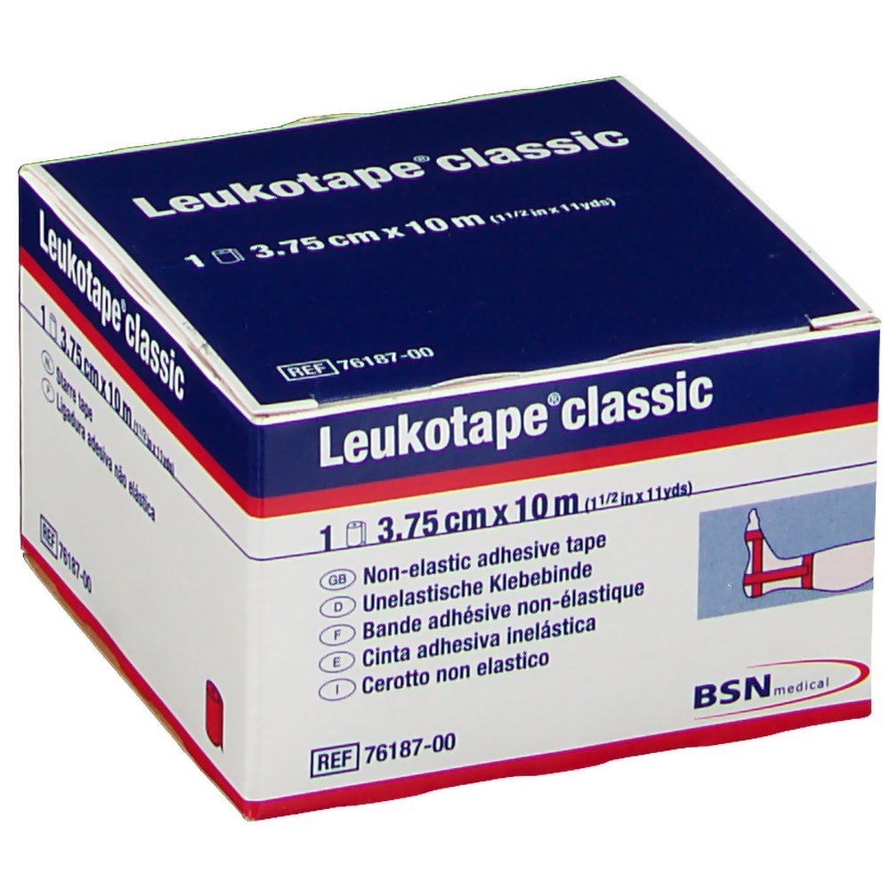 Boîte de Leukotape® classic, 3,75 cm x 10 m. Inscription: Bande adhésive non-élastique. BSN medical.